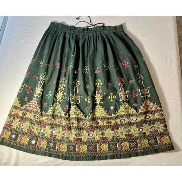 Handmade Dresses & Skirts - Vintage Indian Embroidered MIDI Skirt Green Fairy Celestial Mirrored Art To Wear
